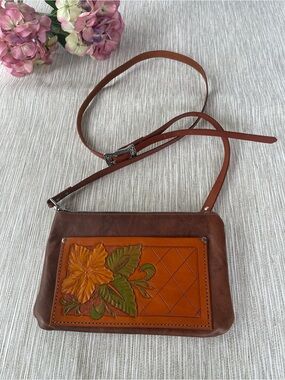 Handcrafted Brown Tooled Leather Crossbody Floral Western Bag Removable Straps